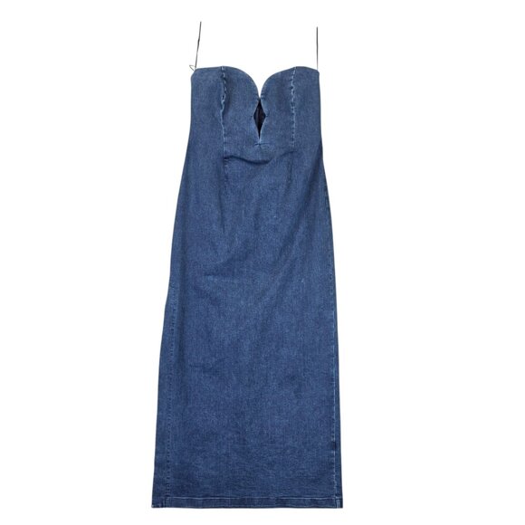 Bardot Eleni Denim Midi Dress Womens 32 Blue Denim Strapless Sweetheart 91391DB - Picture 1 of 11